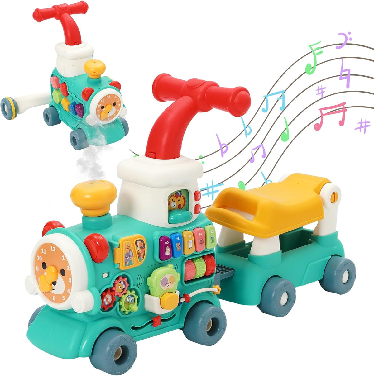 Happy Kiddo 5-in-1 Train Walker: Steam train walker with music—designed for riding, crawling, pulling, pushing, playing, and learning—suitable for children aged 6 months and up.