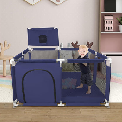 Happy Kiddo Modular Baby Playpen – Foldable, with Basketball Hoop and 50 Balls, Sturdy Structure, Easy to Assemble (Dark Blue, 126 x 126 cm)