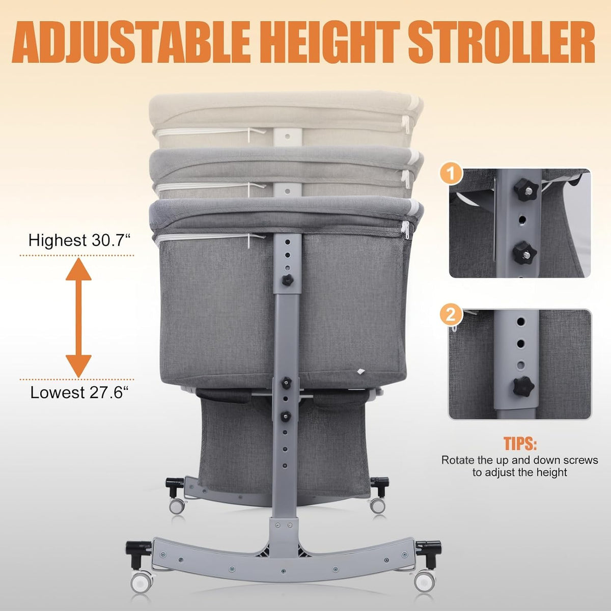 Kidilo Multifunctional 4-in-1 Foldable Bedside Crib: A portable newborn bassinet and infant travel bed featuring a large storage basket, soft bedding, 3-level adjustable height, and a mosquito net(Gray).