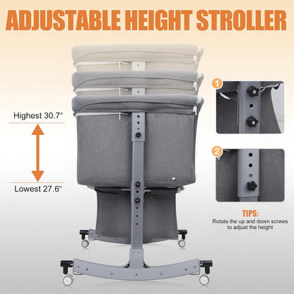 Kidilo Multifunctional 4-in-1 Foldable Bedside Crib: A portable newborn bassinet and infant travel bed featuring a large storage basket, soft bedding, 3-level adjustable height, and a mosquito net(Gray).