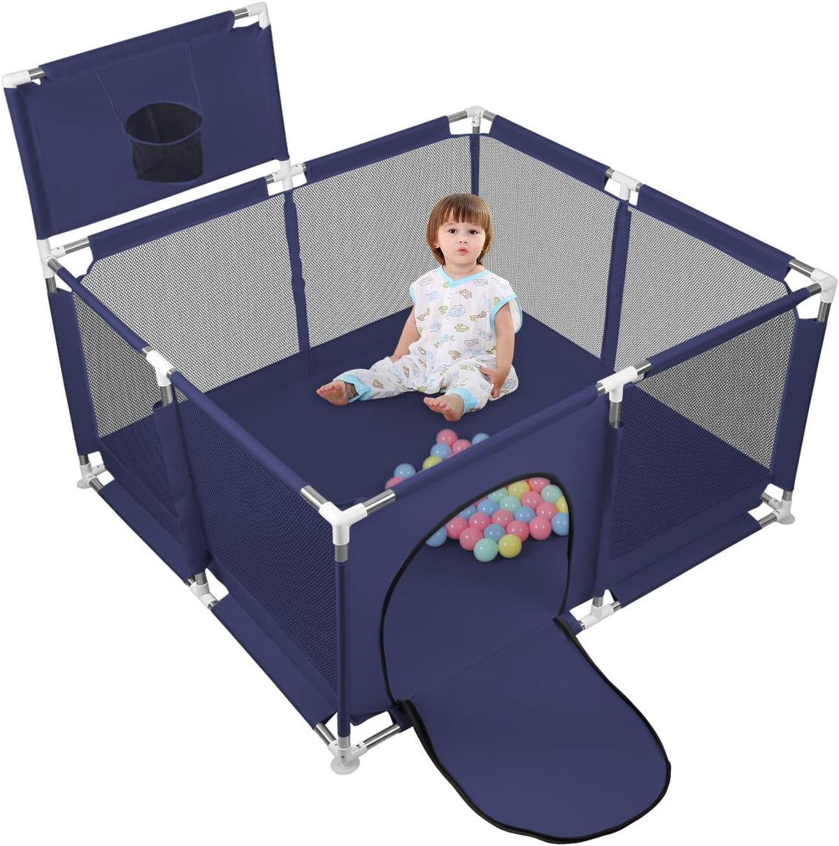 Happy Kiddo Modular Baby Playpen – Foldable, with Basketball Hoop and 50 Balls, Sturdy Structure, Easy to Assemble (Dark Blue, 126 x 126 cm)