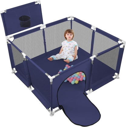 Happy Kiddo Modular Baby Playpen – Foldable, with Basketball Hoop and 50 Balls, Sturdy Structure, Easy to Assemble (Dark Blue, 126 x 126 cm)