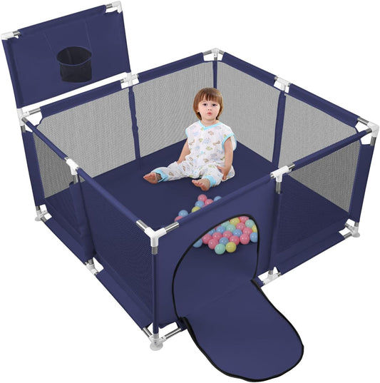 Happy Kiddo Modular Baby Playpen – Foldable, with Basketball Hoop and 50 Balls, Sturdy Structure, Easy to Assemble (Dark Blue, 126 x 126 cm)