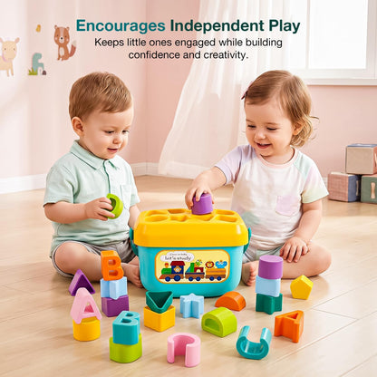 Shape-Sorting Cube Toy: Kids' Toy Storage Bucket with Handle, Shape Sorter and Alphabet Blocks | Educational Sorting and Stacking Cube for Toddlers (Ages 1+) and Boys