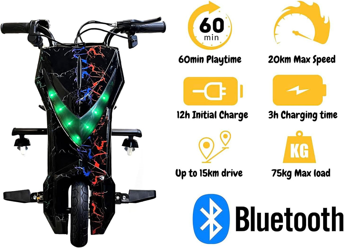 Happy Kiddo 36V 3-Wheel Electric Scooter – 3 Riding Modes, Bluetooth, Speaker, Lights, Shock-Absorbing Safety Mechanism, Speeds up to 20 km/h (Black)