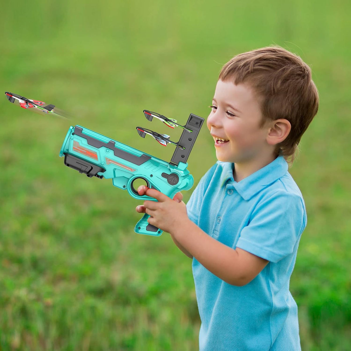 Happy Kiddo Airplane Launcher Gun for Kids – High-Speed Flying Fun with 10 Light-Up Planes