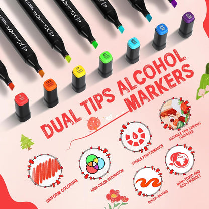Alcohol Markers Set 60 Colors - Dual Tip Art Markers for Adult Coloring Books Professional Permanent Blending Marker Pens Artist Sets for Drawing Painting Sketching Illustration Kids Gifts