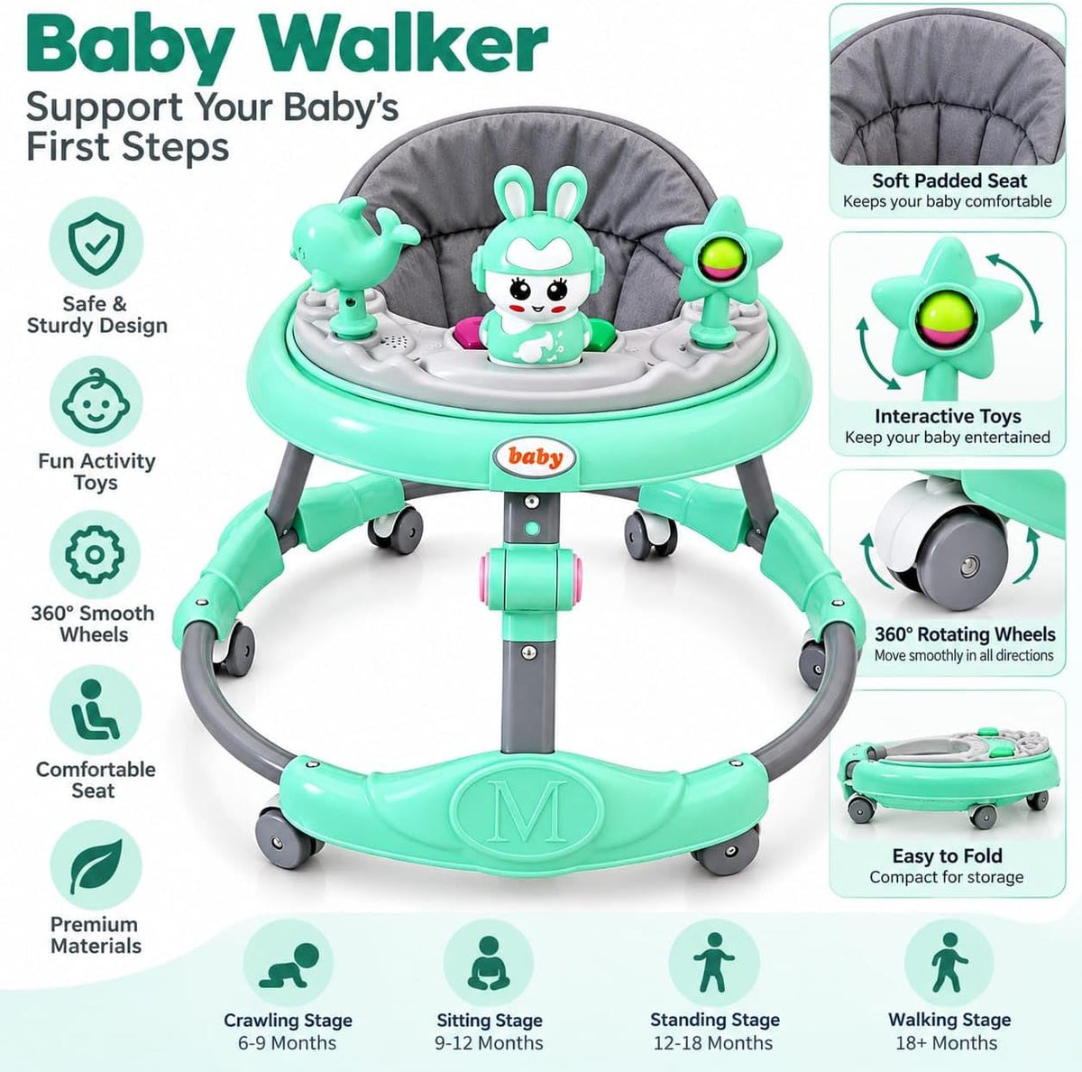A musical baby walker with a foldable design, brought to you by Happy Kiddo for your child's comfort and happiness—safe, stable, and helpful for taking those first steps (Green).