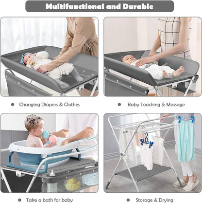 A foldable baby changing and dressing table, featuring storage baskets and side pockets, a spacious bottom shelf, and wheels for easy mobility—the ideal, practical solution for every mother to make baby care easier and more comfortable!