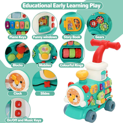 Happy Kiddo 5-in-1 Train Walker: Steam train walker with music—designed for riding, crawling, pulling, pushing, playing, and learning—suitable for children aged 6 months and up.