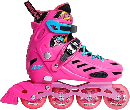 🔥 Cougar 313  Inline Skates for Kids – Adjustable Size (35–38), Featuring LED Lights, in a Stylish Pink Color 🔥