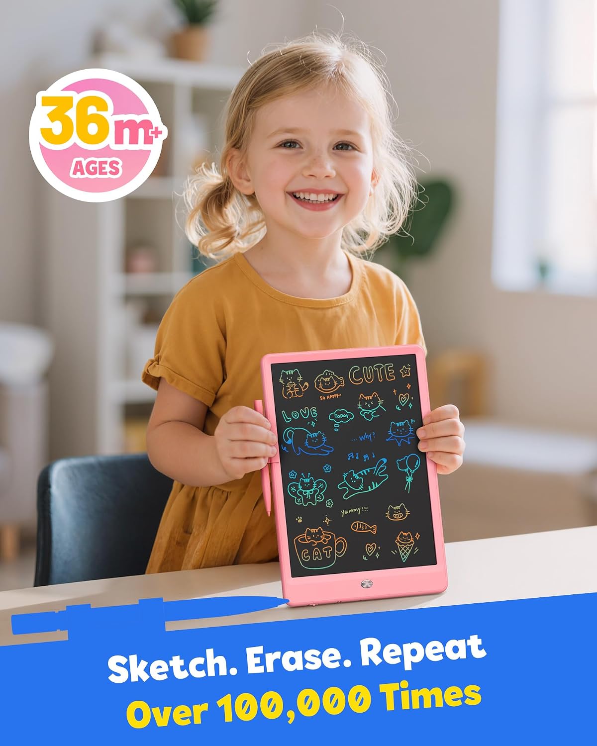 LCD Writing Tablet for Kids, 12-Inch Drawing and Coloring Board, Mess-Free Drawing Pad, Christmas Gifts for Girls and Toddlers, Toys for Boys Aged 3–8 (Pink) – by Happy Kiddo