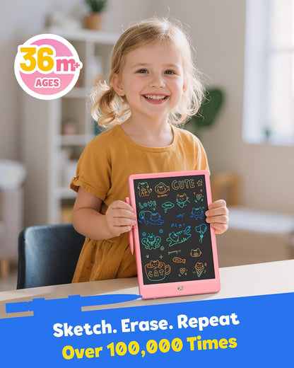 LCD Writing Tablet for Kids, 12-Inch Drawing and Coloring Board, Mess-Free Drawing Pad, Christmas Gifts for Girls and Toddlers, Toys for Boys Aged 3–8 (Pink) – by Happy Kiddo
