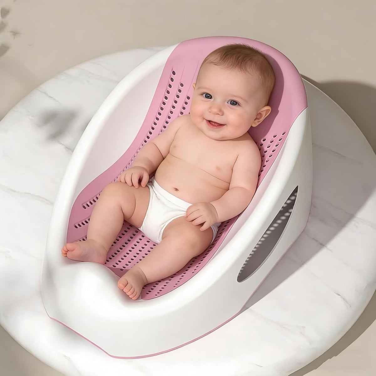 Happy Kiddo Baby Bath Support Seat – Waterproof & Non-Slip – Suitable for Newborns (0–6 Months) – Bath Mesh/Reclining Support Mat (Pink)