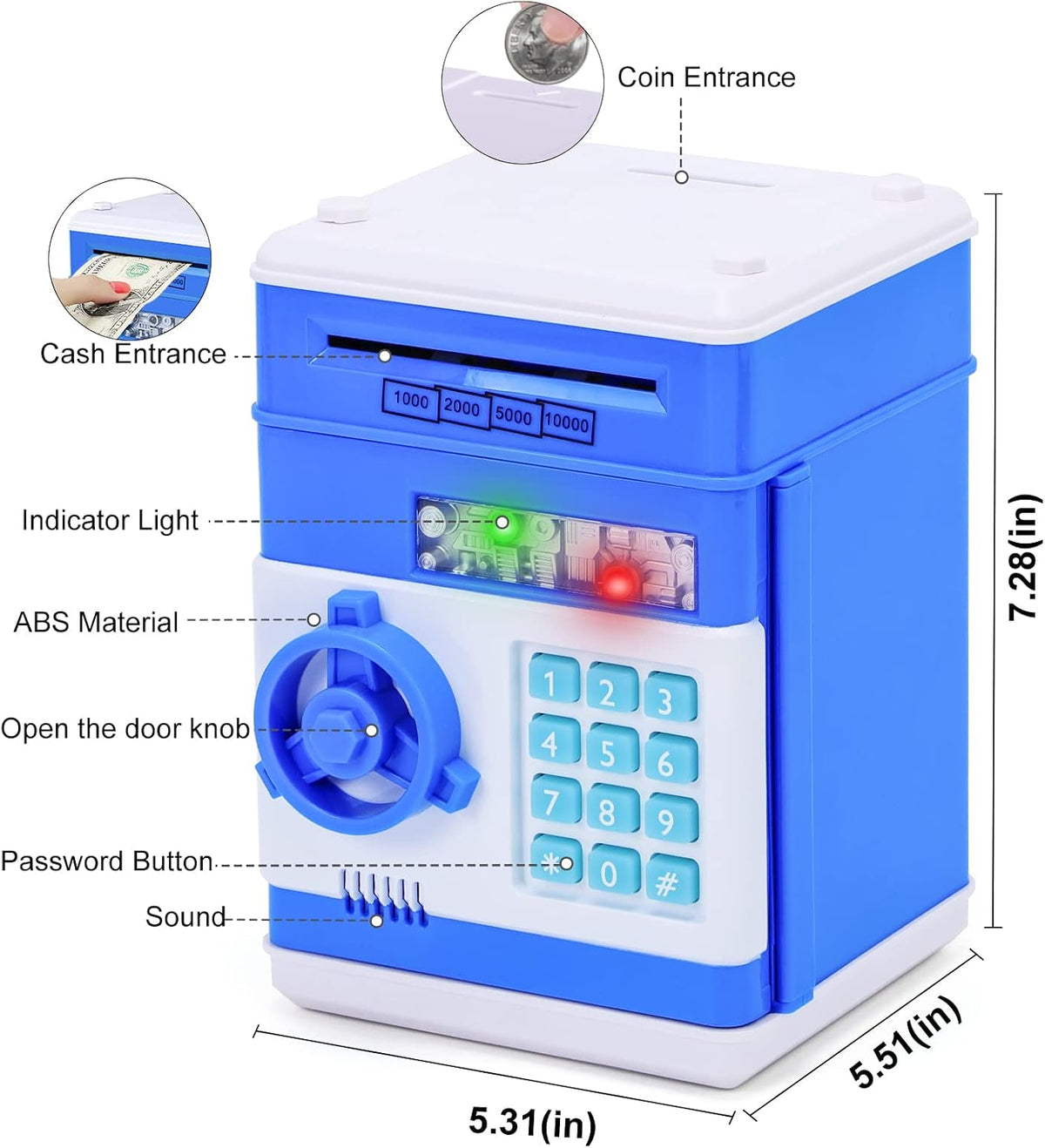 A safe coin bank toy—a perfect birthday gift for boys and girls aged 3 to 12. This fun toy features an ATM-style design with a bank card and cash slot, serving as an electronic coin bank for kids from Happy Kiddo.