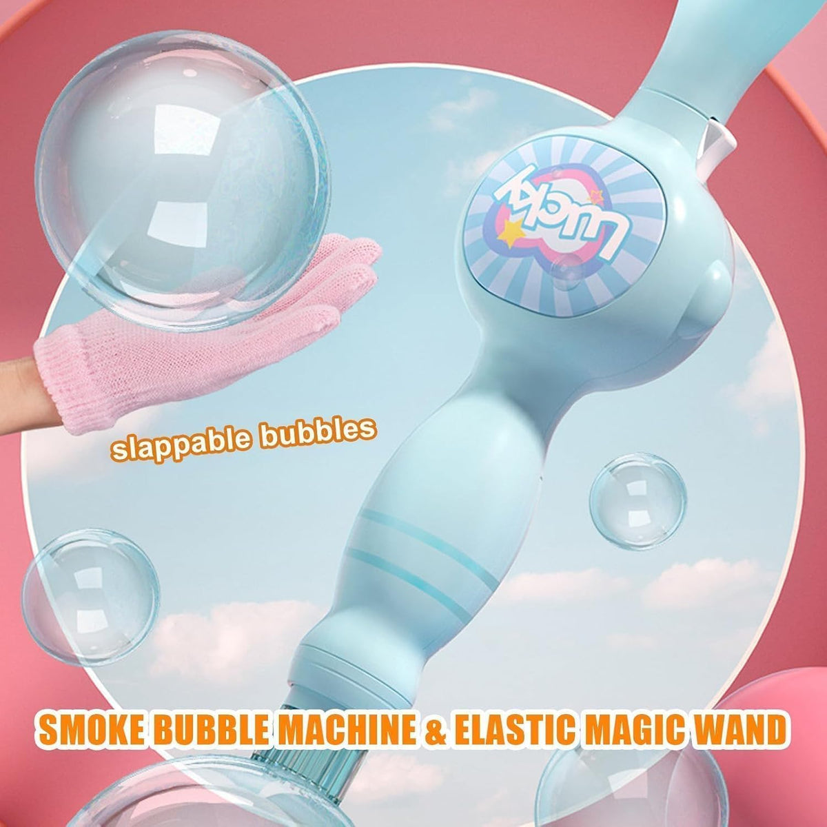 Happy Kiddo Bubble Wand – Interactive, mobile-friendly mist bubble machine featuring flexible inner bubbles and smoke-filled bubbles of the perfect size (Blue).