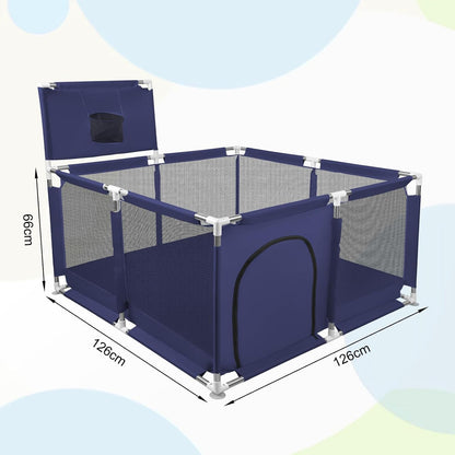 Happy Kiddo Modular Baby Playpen – Foldable, with Basketball Hoop and 50 Balls, Sturdy Structure, Easy to Assemble (Dark Blue, 126 x 126 cm)