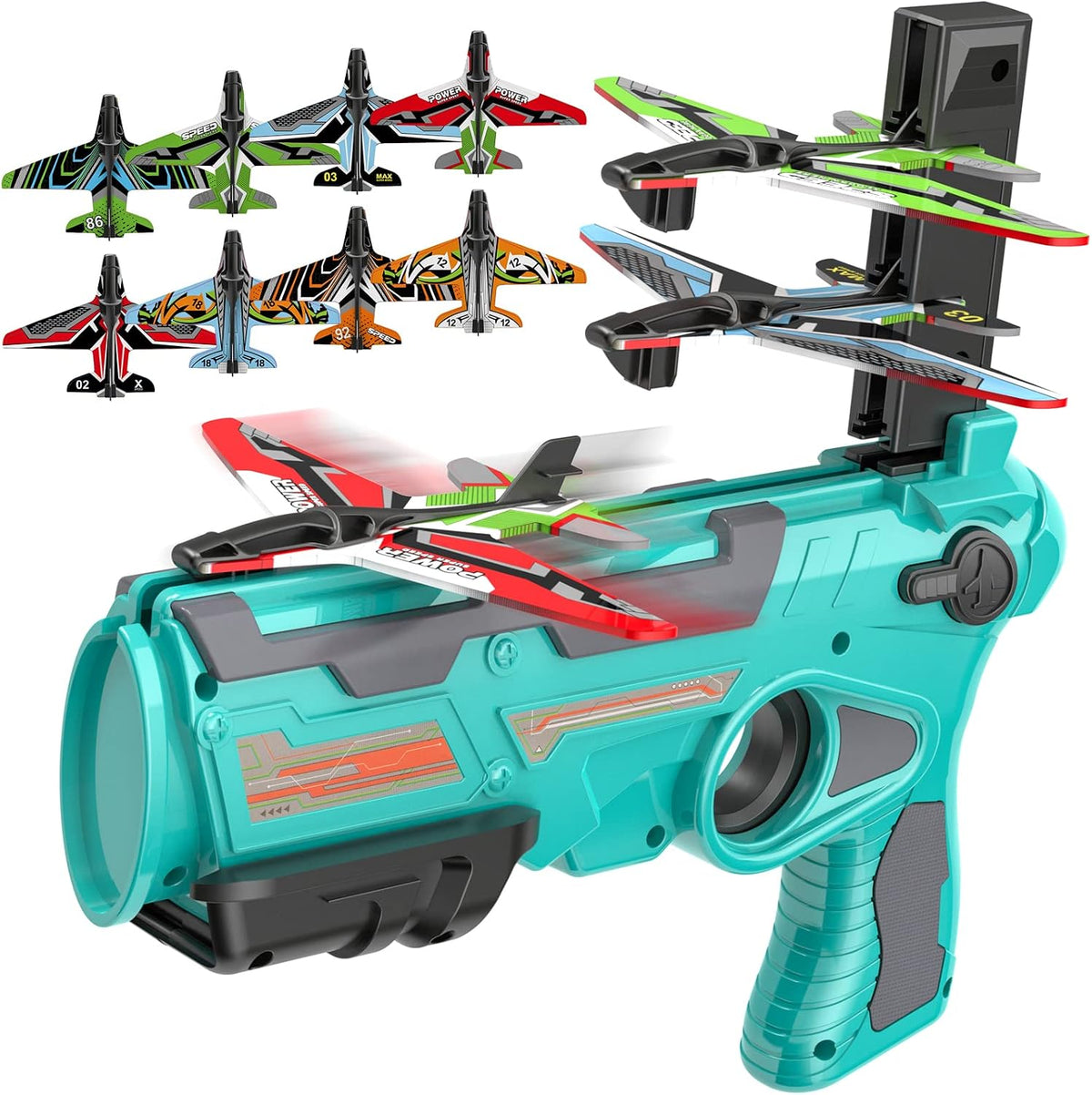 Happy Kiddo Airplane Launcher Gun for Kids – High-Speed Flying Fun with 10 Light-Up Planes