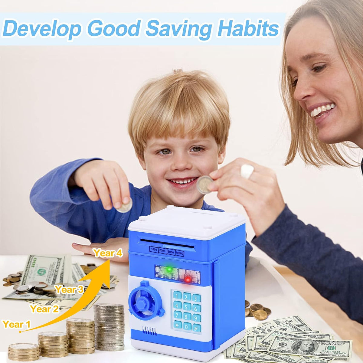 A safe coin bank toy—a perfect birthday gift for boys and girls aged 3 to 12. This fun toy features an ATM-style design with a bank card and cash slot, serving as an electronic coin bank for kids from Happy Kiddo.