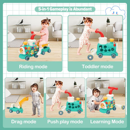 Happy Kiddo 5-in-1 Train Walker: Steam train walker with music—designed for riding, crawling, pulling, pushing, playing, and learning—suitable for children aged 6 months and up.