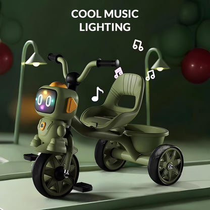 Happy Kiddo children's tricycle featuring lights, music, and a rear storage basket; suitable for boys and girls aged 2 to 5 years (Olive Green).