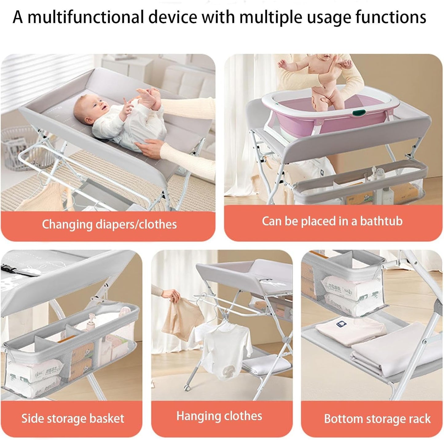 Diaper Changing Table, Foldable, Diaper Changing, Diaper Table, Portable Storage, Comes with Wheels, Baby Care, Bedroom, Diaper Changing Table, Diaper Changing Table, Side Rack, Storage Shelf, Nursery