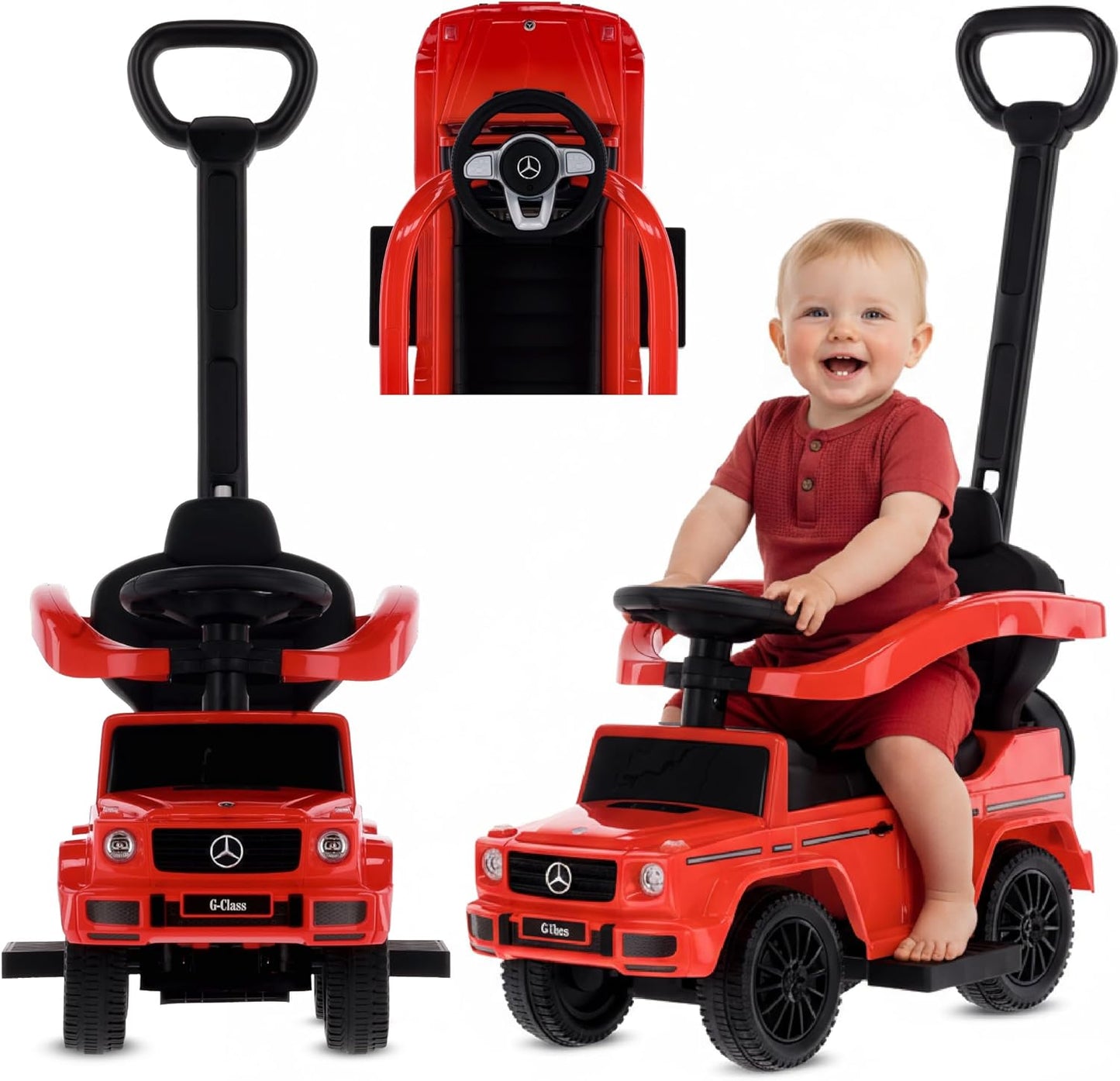 Rutschauto ab 1 Jahr mit Schubstange, Mercedes G mit Schubstange, Kinderauto, Baby Auto (Rot)