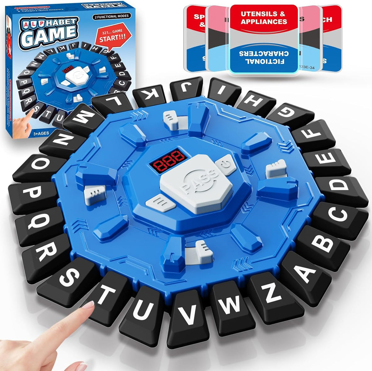 Happy Kiddo Family Word Board Game for Kids and Adults (2 Modes) – Features 220 Topic Categories, 24 Letters, Tactile Buttons, Fast-Paced Educational Fun, 35 Cards, and LCD Screen with Timer – Ideal Birthday or Holiday Gift (Blue)