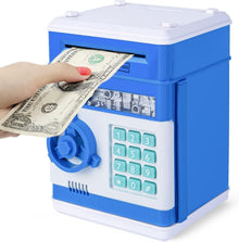 A safe coin bank toy—a perfect birthday gift for boys and girls aged 3 to 12. This fun toy features an ATM-style design with a bank card and cash slot, serving as an electronic coin bank for kids from Happy Kiddo.