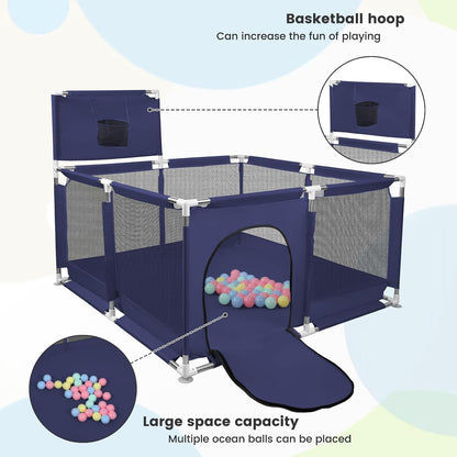 Happy Kiddo Modular Baby Playpen – Foldable, with Basketball Hoop and 50 Balls, Sturdy Structure, Easy to Assemble (Dark Blue, 126 x 126 cm)