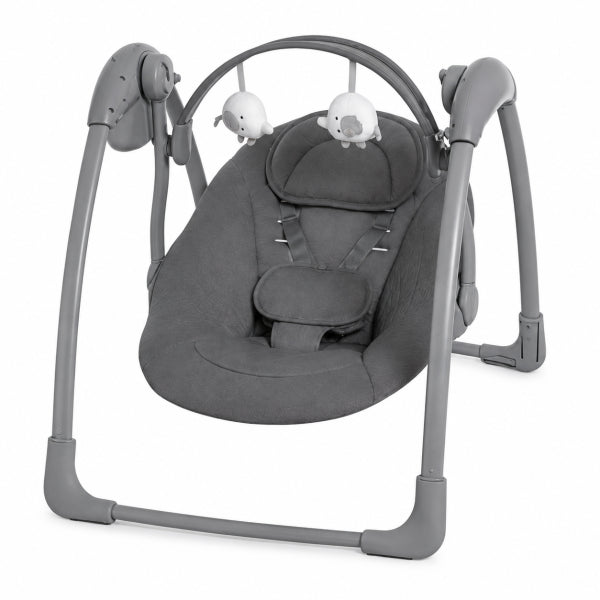 Mastela portable grey baby swing featuring a compact, foldable design, adjustable hanging toys, and a chevron-patterned seat for your baby's comfort and safety.