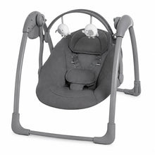 Mastela portable grey baby swing featuring a compact, foldable design, adjustable hanging toys, and a chevron-patterned seat for your baby's comfort and safety.