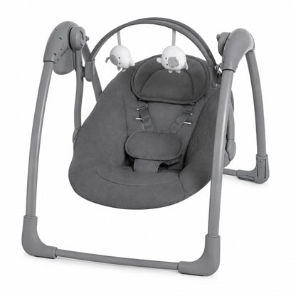 Mastela portable grey baby swing featuring a compact, foldable design, adjustable hanging toys, and a chevron-patterned seat for your baby's comfort and safety.