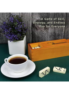 A domino set brought to you by Happy Kiddo for fun-filled entertainment—a 28-piece ivory-colored set (Double-Six style), a classic number-based tabletop game, complete with a wooden box for storage and transport (suitable for 2 to 4 players).