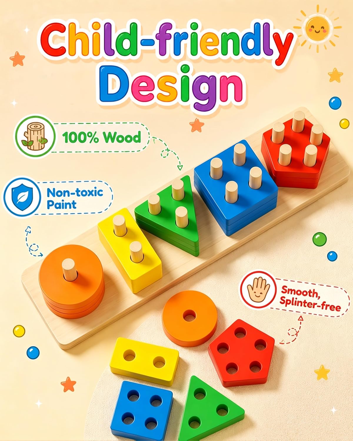 🧩🎨 Happy Kiddo Wooden Geometric Shape and Color Sorting Game – Learning through Thinking and Fun! 🎨🧩