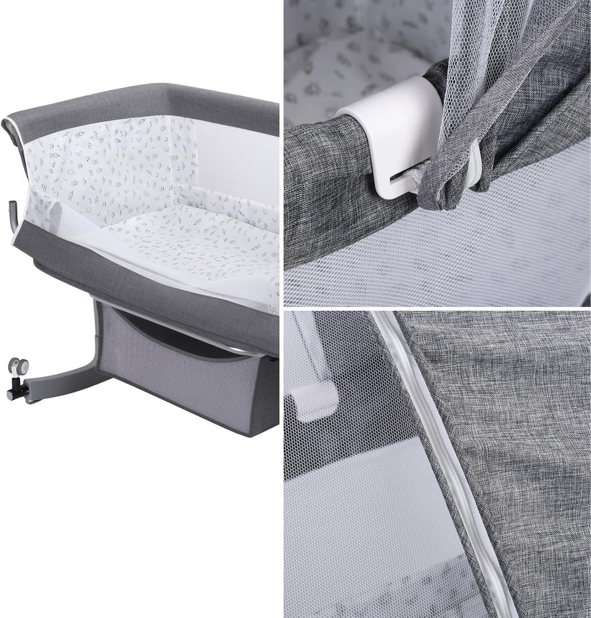 Kidilo Multifunctional 4-in-1 Foldable Bedside Crib: A portable newborn bassinet and infant travel bed featuring a large storage basket, soft bedding, 3-level adjustable height, and a mosquito net(Gray).