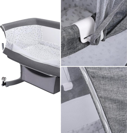 Kidilo Multifunctional 4-in-1 Foldable Bedside Crib: A portable newborn bassinet and infant travel bed featuring a large storage basket, soft bedding, 3-level adjustable height, and a mosquito net(Gray).