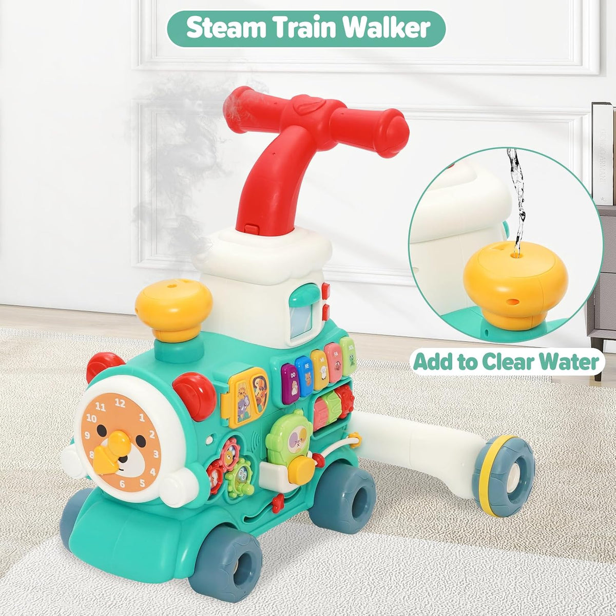 Happy Kiddo 5-in-1 Train Walker: Steam train walker with music—designed for riding, crawling, pulling, pushing, playing, and learning—suitable for children aged 6 months and up.
