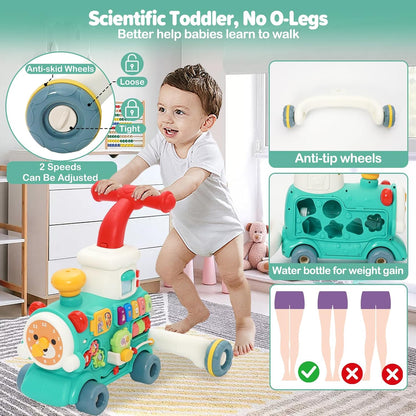 Happy Kiddo 5-in-1 Train Walker: Steam train walker with music—designed for riding, crawling, pulling, pushing, playing, and learning—suitable for children aged 6 months and up.