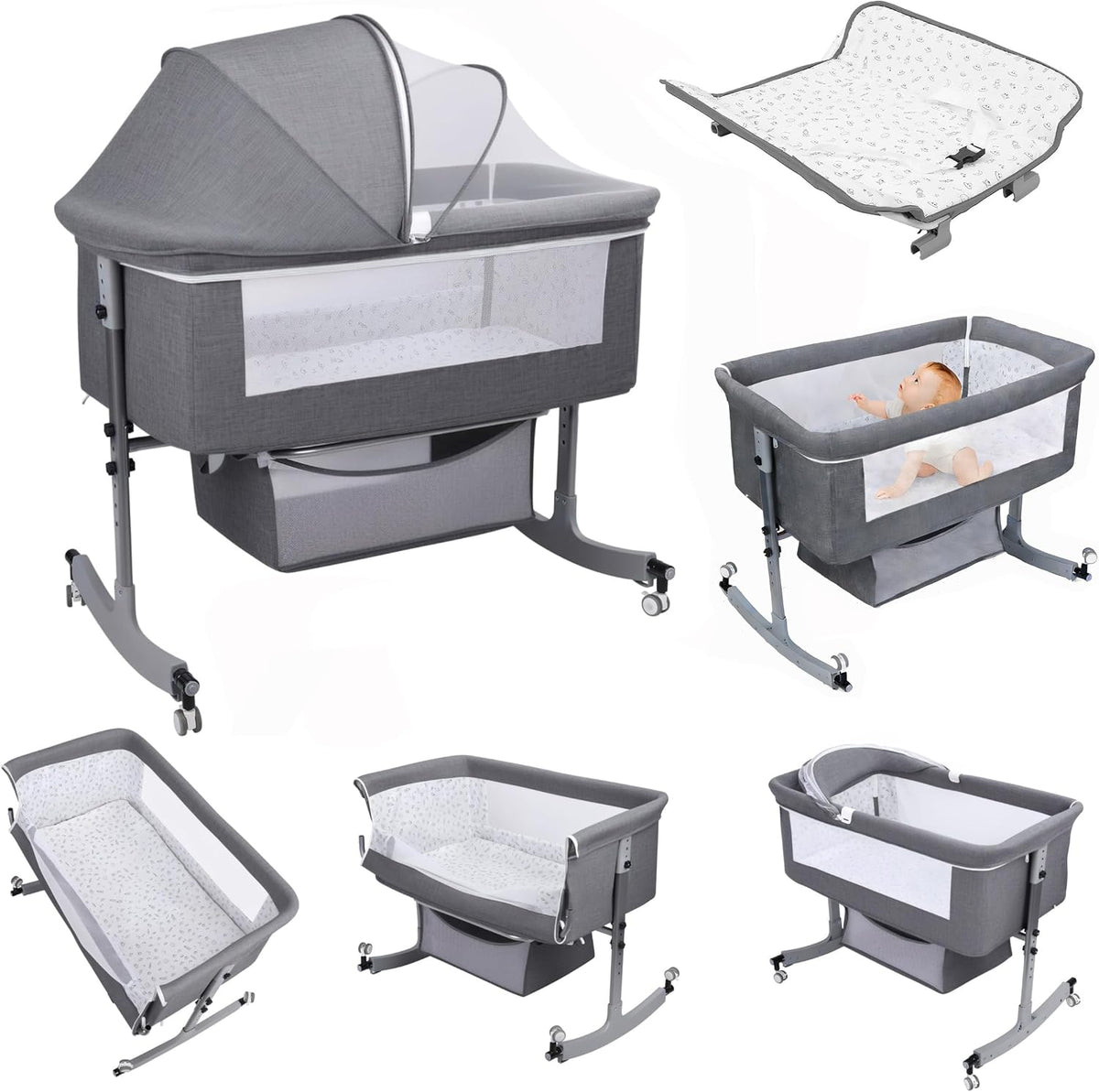 Kidilo Multifunctional 4-in-1 Foldable Bedside Crib: A portable newborn bassinet and infant travel bed featuring a large storage basket, soft bedding, 3-level adjustable height, and a mosquito net(Gray).