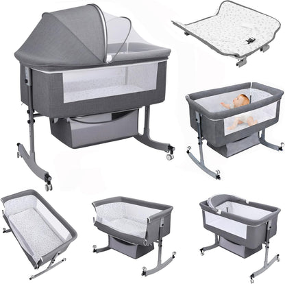 Kidilo Multifunctional 4-in-1 Foldable Bedside Crib: A portable newborn bassinet and infant travel bed featuring a large storage basket, soft bedding, 3-level adjustable height, and a mosquito net(Gray).