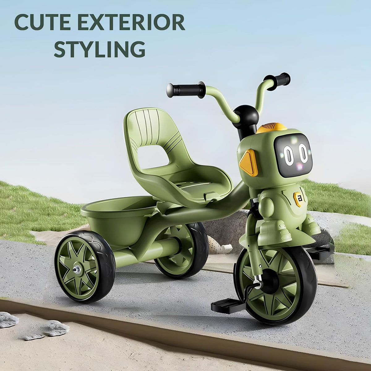 Happy Kiddo children's tricycle featuring lights, music, and a rear storage basket; suitable for boys and girls aged 2 to 5 years (Olive Green).