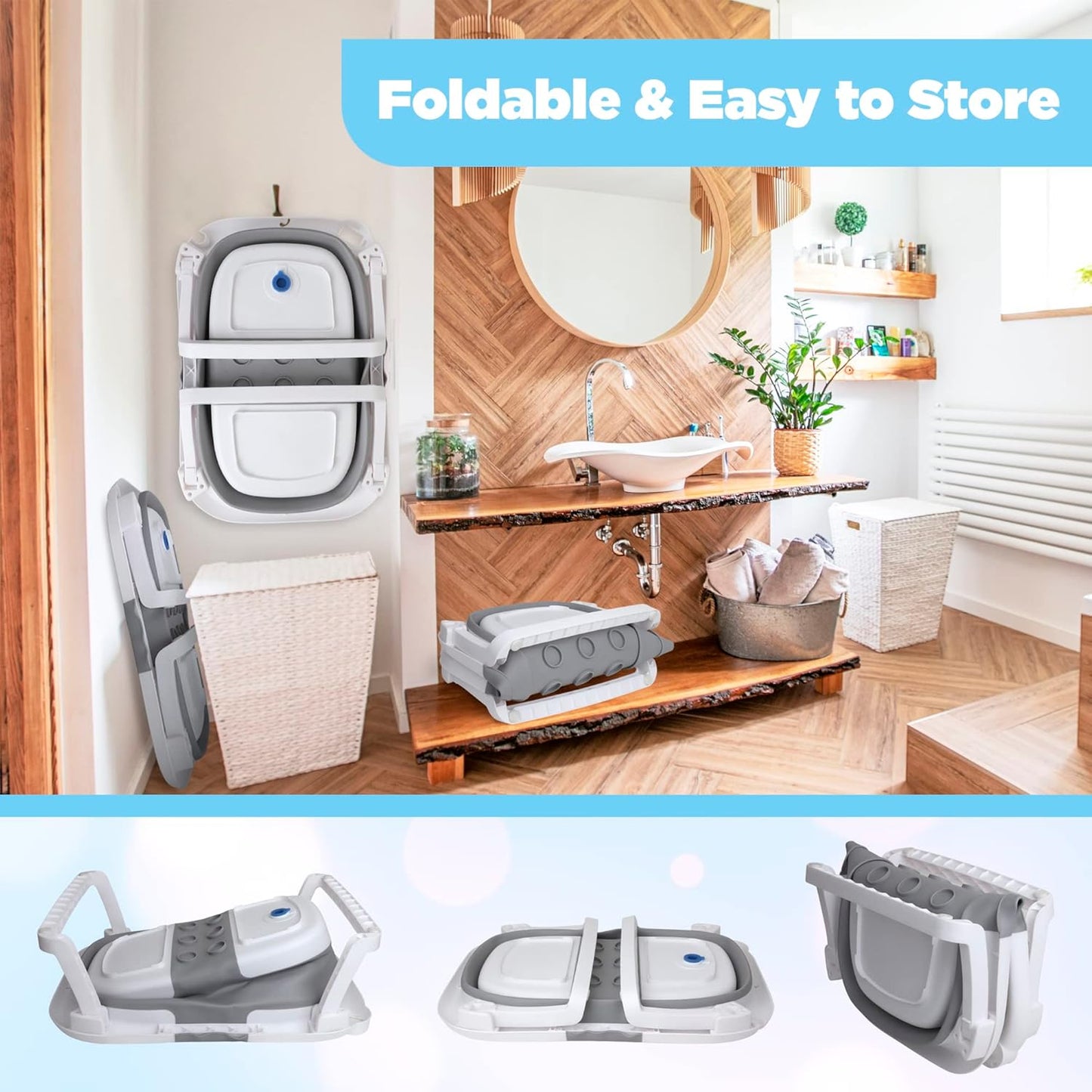 BEBELEH Foldable Baby Bathtub with Thermometer | 0–24 Months | Gray