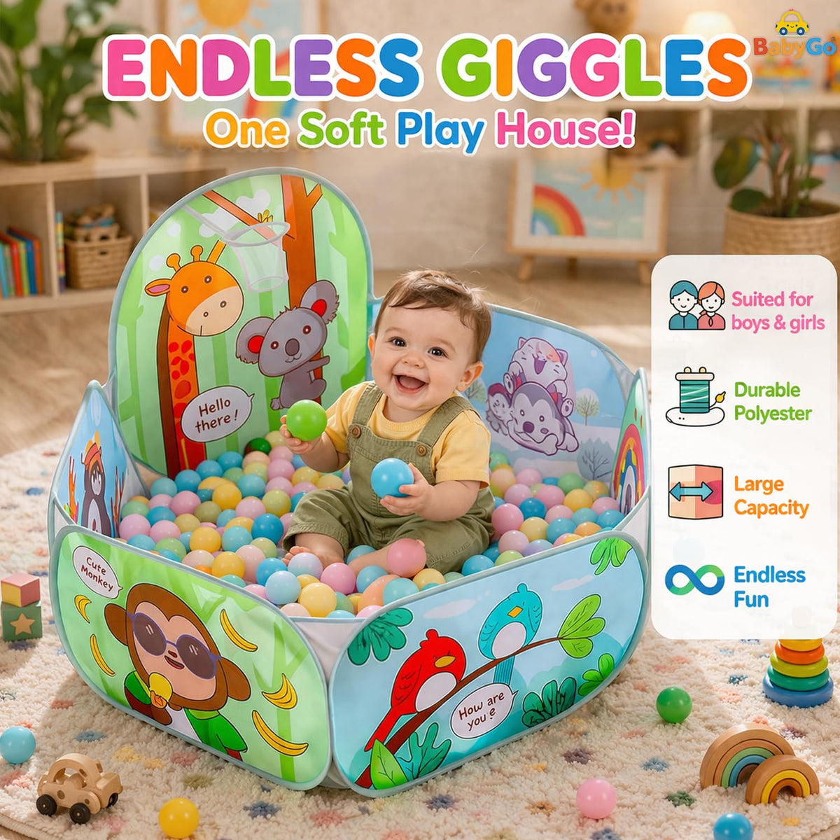 Happy Kiddo Kids' Ball Pit – Play Tent for Boys and Girls (Ages 2+); Spacious, Lightweight, Easy-to-Assemble & Portable Ball Pit (Includes 50 Balls)