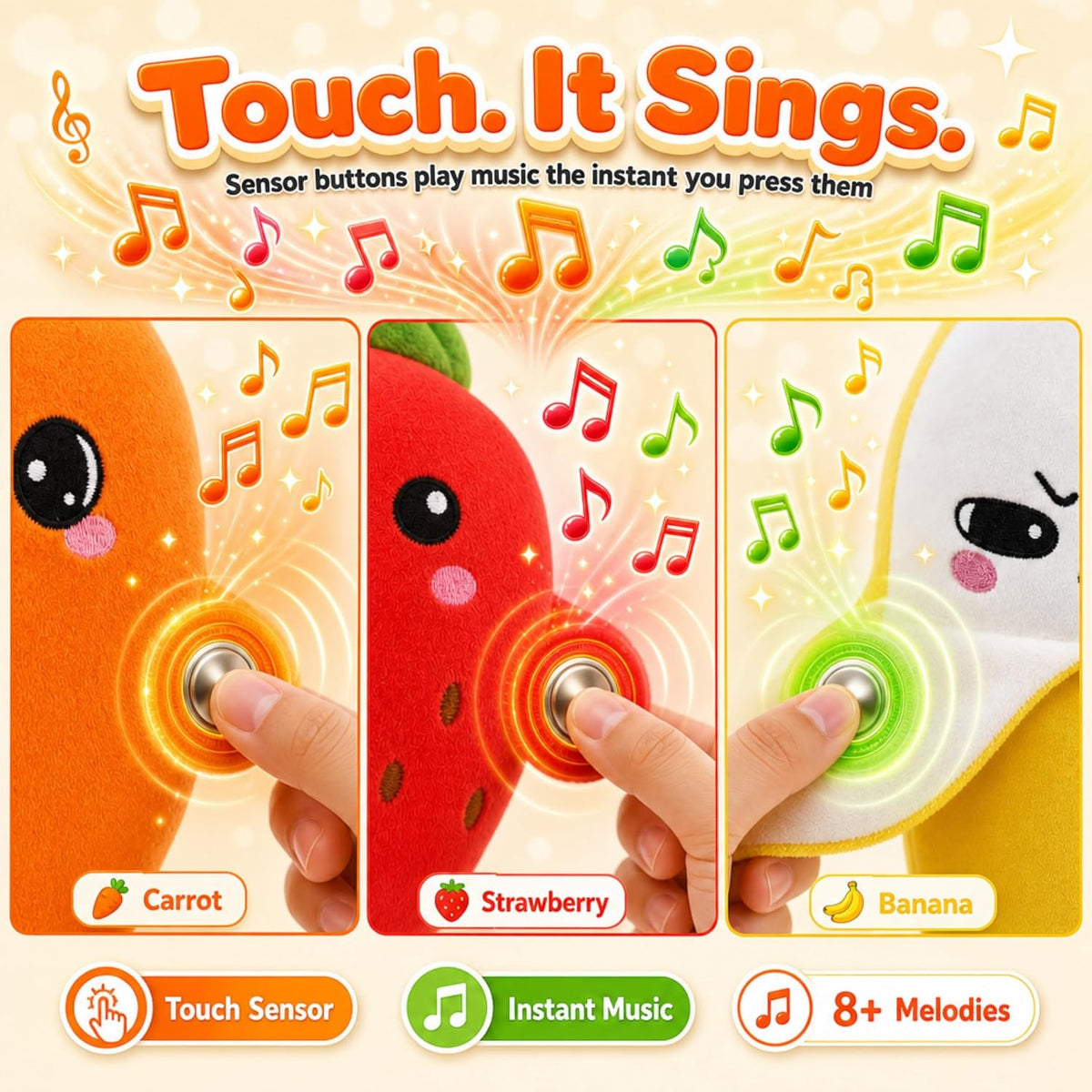 Happy Kiddo Interactive Musical Strawberry Plush Toy – Touch-Sensitive Sensory Piano Toy for Kids – Soft Educational Stuffed Gift – Strawberry Design