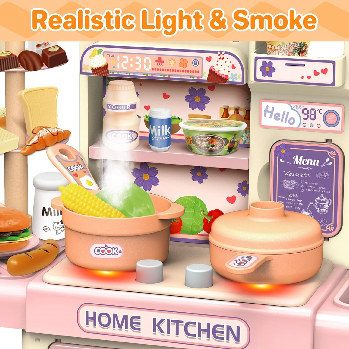 Happy Kiddo 36-Piece Kids' Kitchen Playset | Pretend Cooking Toys | Pink