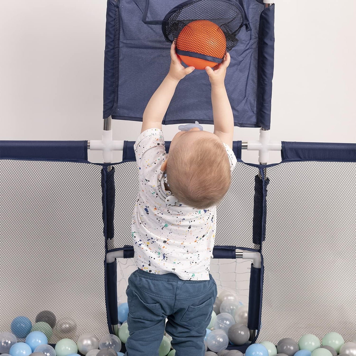 SELONIS Baby Playard With 100 Plastic Balls Foldable Play Area Basketball Football