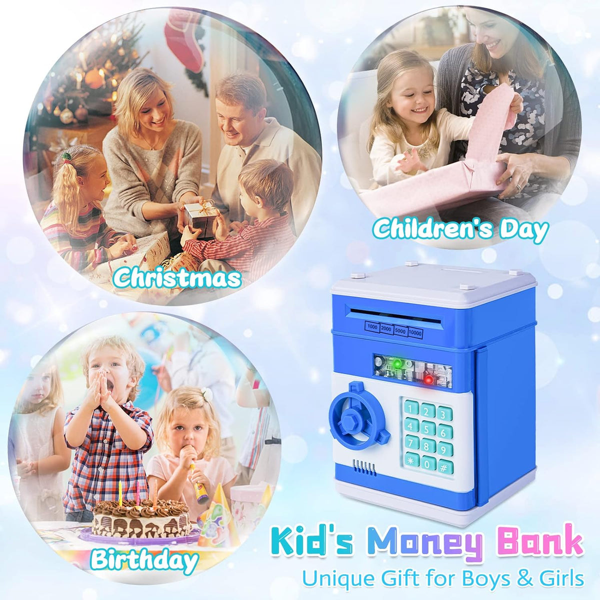 A safe coin bank toy—a perfect birthday gift for boys and girls aged 3 to 12. This fun toy features an ATM-style design with a bank card and cash slot, serving as an electronic coin bank for kids from Happy Kiddo.