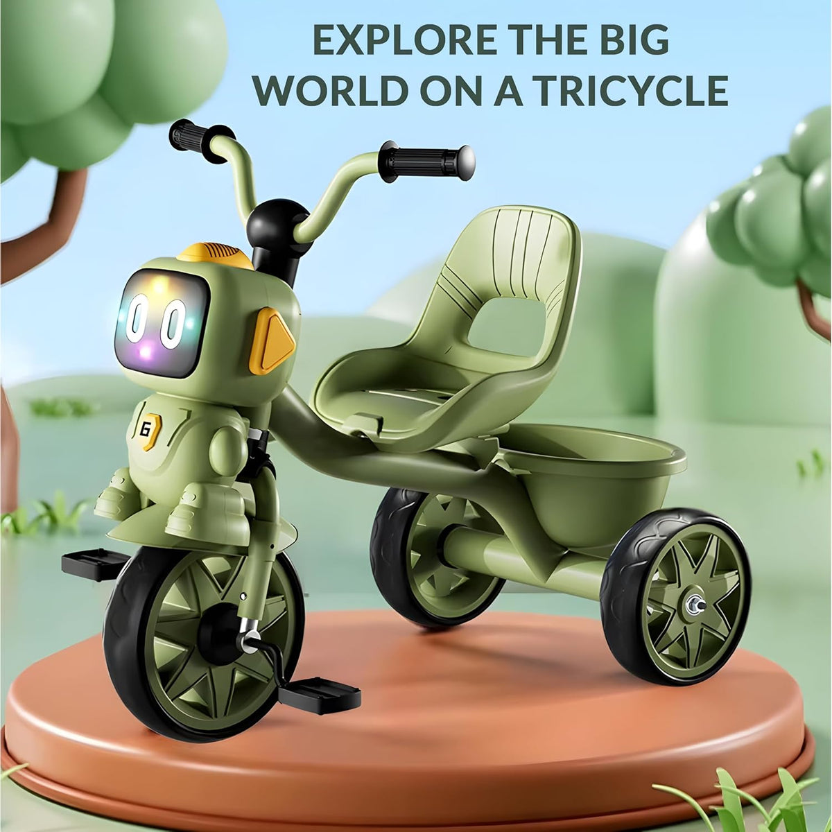 Happy Kiddo children's tricycle featuring lights, music, and a rear storage basket; suitable for boys and girls aged 2 to 5 years (Olive Green).
