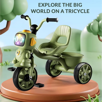 Happy Kiddo children's tricycle featuring lights, music, and a rear storage basket; suitable for boys and girls aged 2 to 5 years (Olive Green).